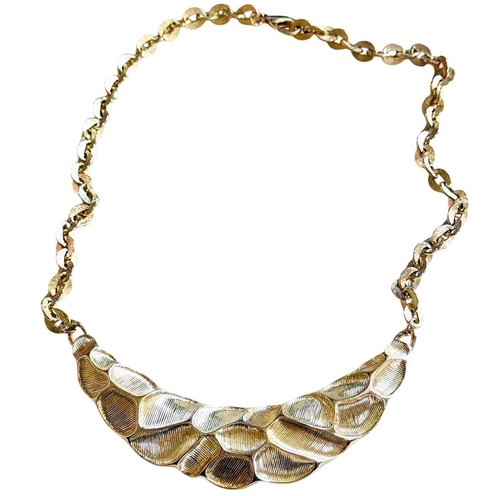 70s Necklace VTG Statement Collar Satin Gold tone Runway Metal Modernist MCM 20"